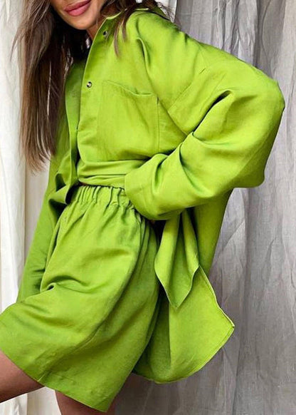 Khaki Peter Pan Collar Shirt and Shorts Two Piece Set Spring Ly1942