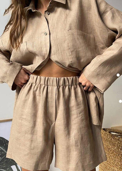 Khaki Peter Pan Collar Shirt and Shorts Two Piece Set Spring Ly1942