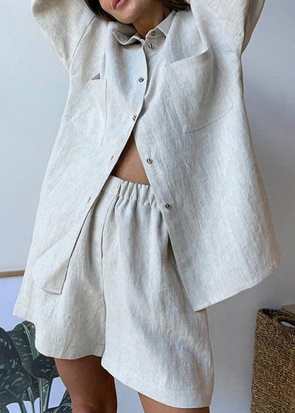 Khaki Peter Pan Collar Shirt and Shorts Two Piece Set Spring Ly1942