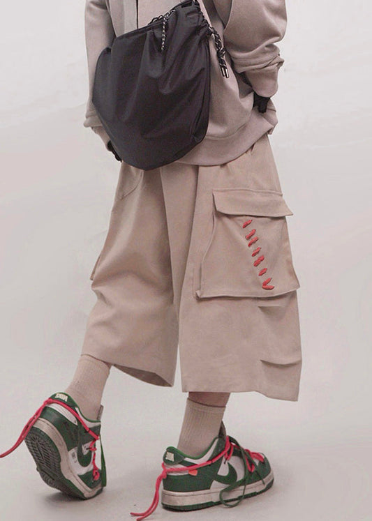 Pockets Crop Khaki Elastic Cotton Pants Waist Size Plus