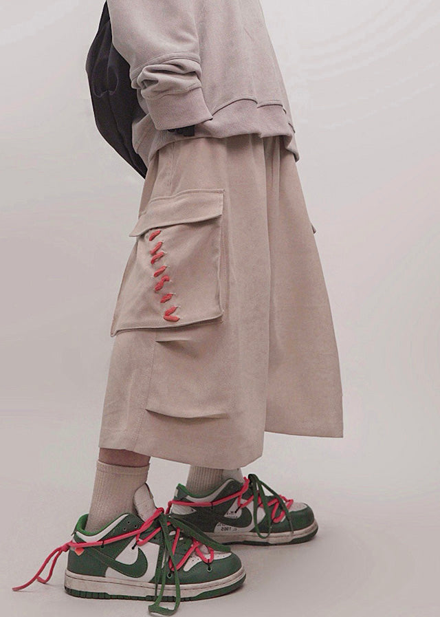 Pockets Crop Khaki Elastic Cotton Pants Waist Size Plus