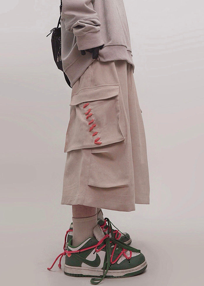 Pockets Crop Khaki Elastic Cotton Pants Waist Size Plus