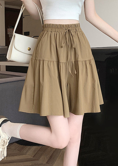 Khaki Pockets Elastic Waist Cotton Shorts Summer Qe002
