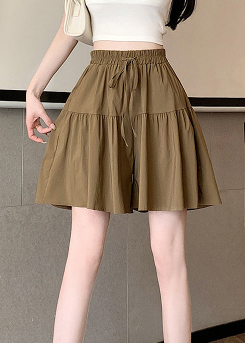 Khaki Pockets Elastic Waist Cotton Shorts Summer Qe002