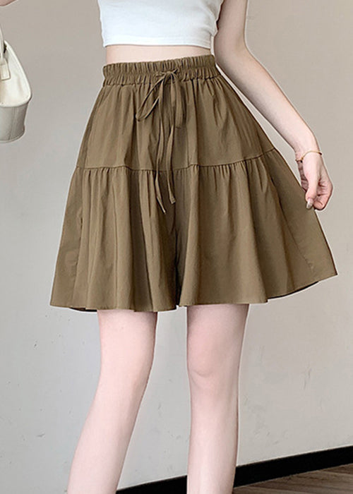 Khaki Pockets Elastic Waist Cotton Shorts Summer Qe002