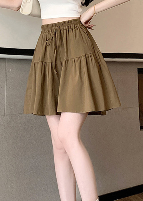 Khaki Pockets Elastic Waist Cotton Shorts Summer Qe002