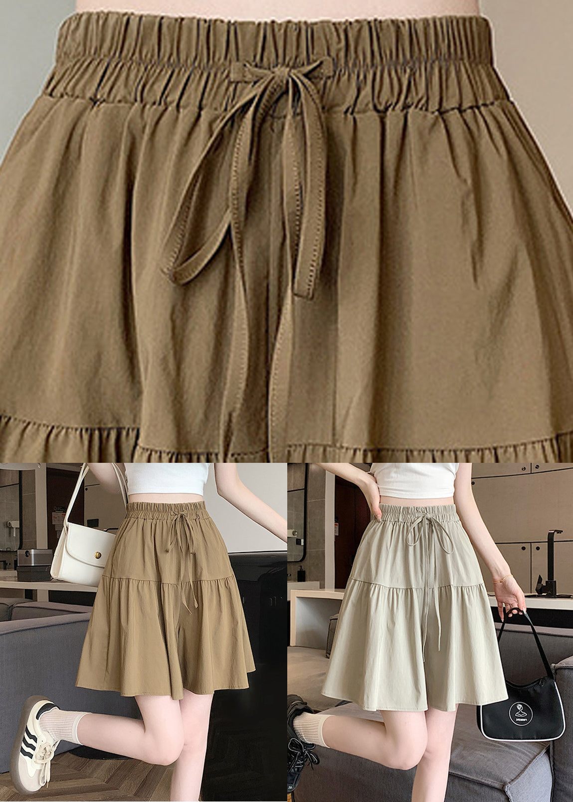 Grey Lace Up Cotton Pants Skirt Elastic Waist Qe003