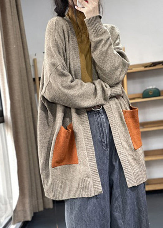 Khaki Pockets Patchwork Knit Cardigan Fall Oo005