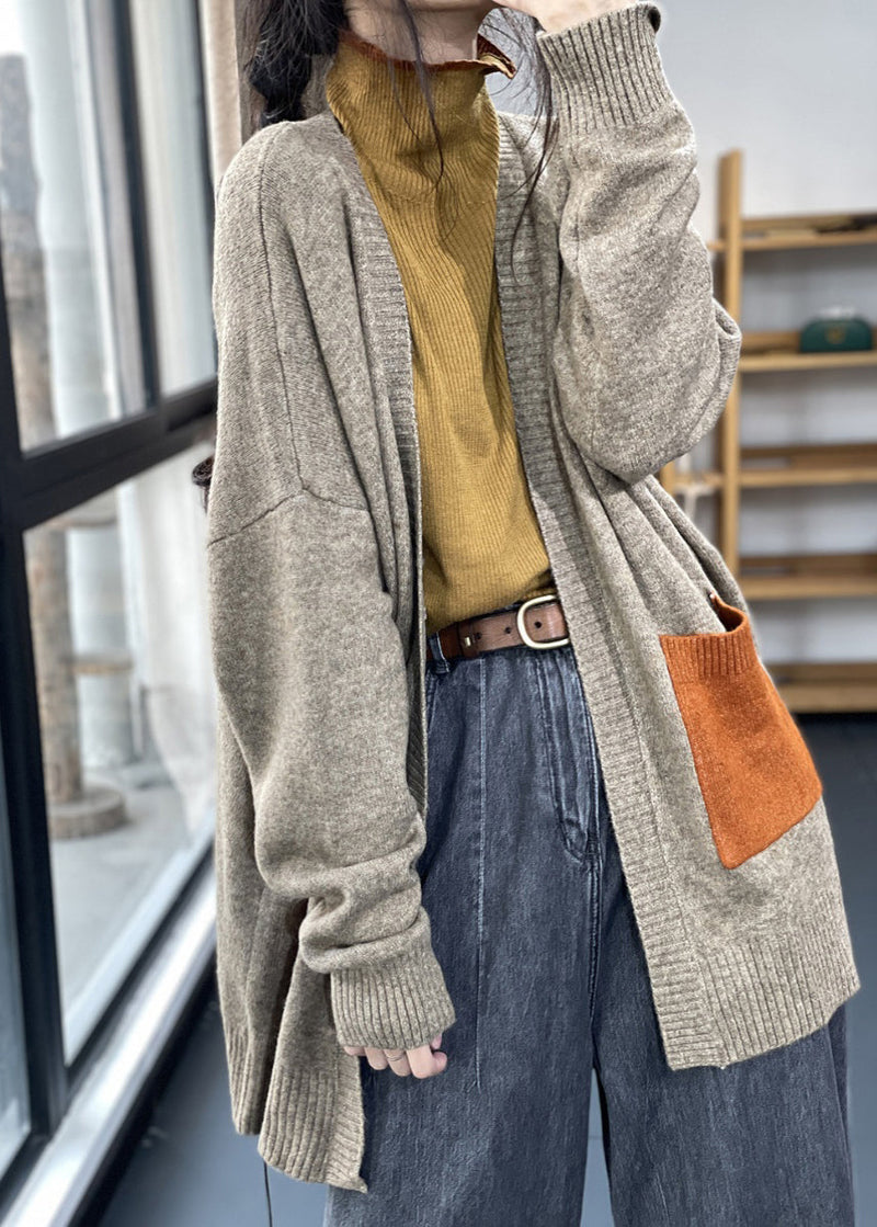 Khaki Pockets Patchwork Knit Cardigan Fall Oo005