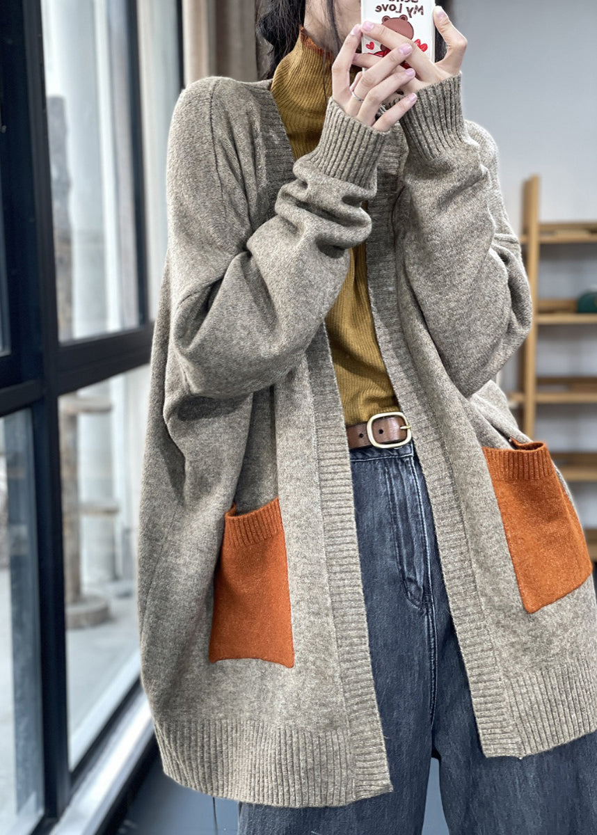 Khaki Pockets Patchwork Knit Cardigan Fall Oo005