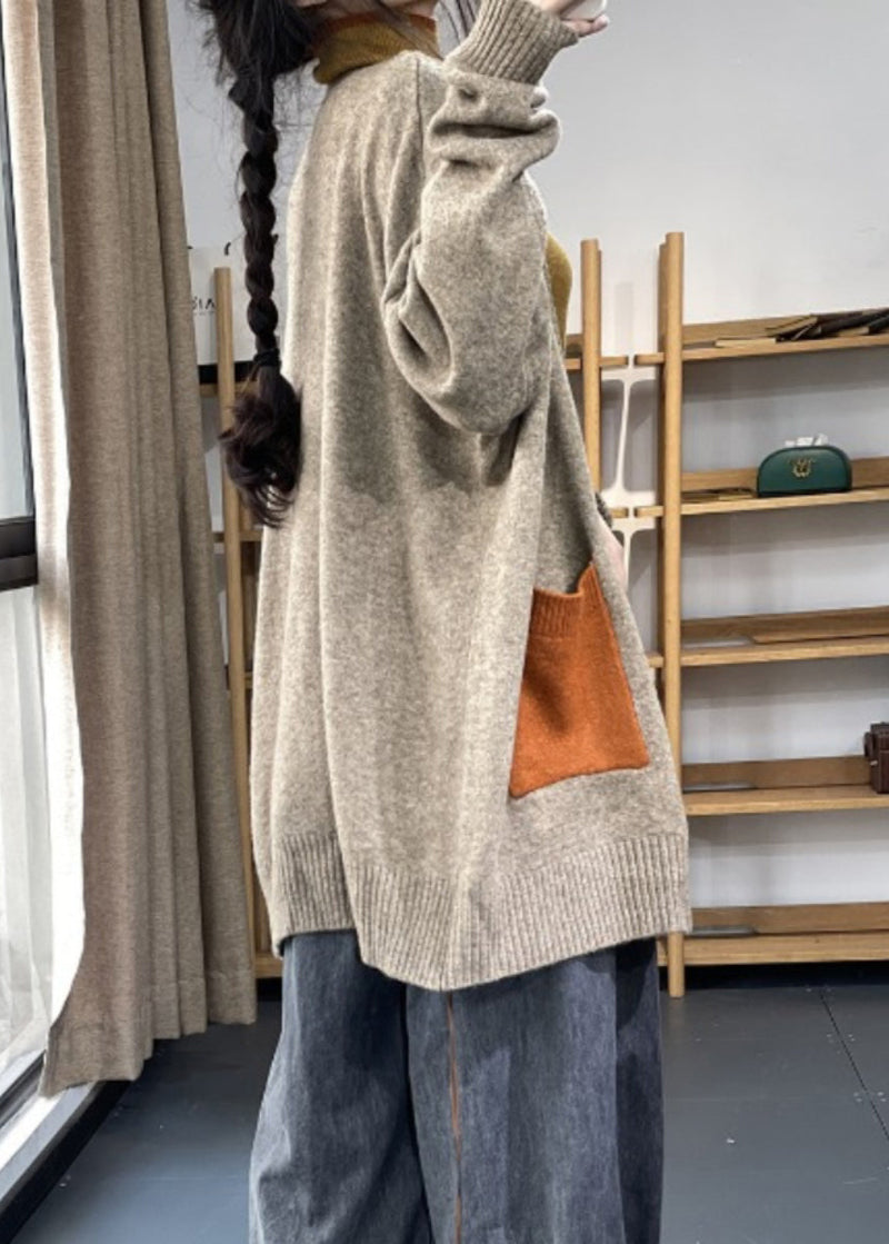 Khaki Pockets Patchwork Knit Cardigan Fall Oo005
