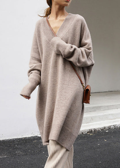 Khaki V Neck Oversized Knit Sweater Dress Spring Tf003