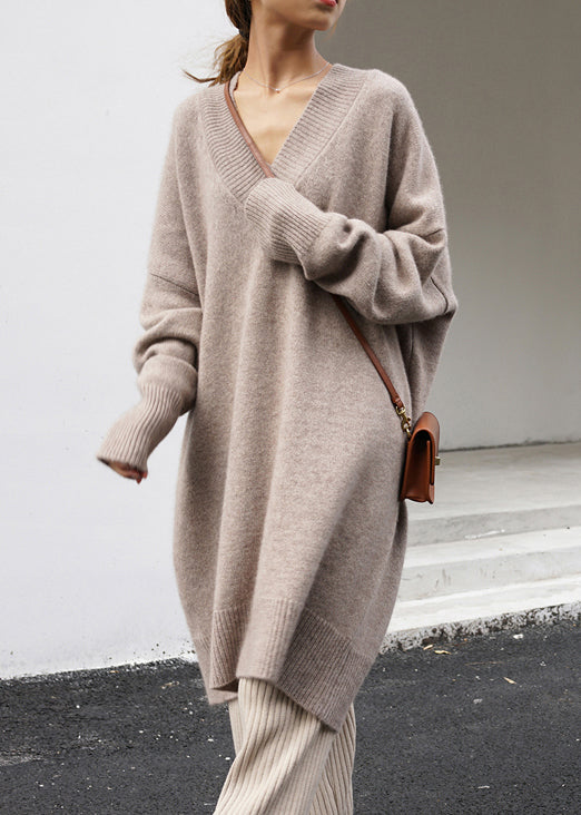 Khaki V Neck Oversized Knit Sweater Dress Spring Tf003