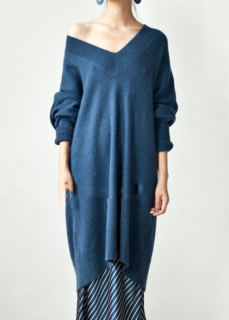 Khaki V Neck Oversized Knit Sweater Dress Spring Tf003