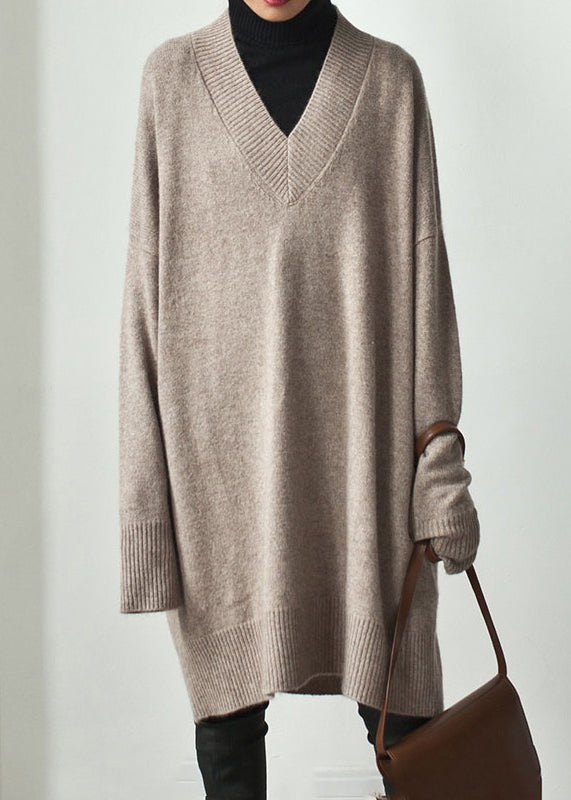 Khaki V Neck Oversized Knit Sweater Dress Spring Tf003