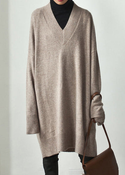 Khaki V Neck Oversized Knit Sweater Dress Spring Tf003