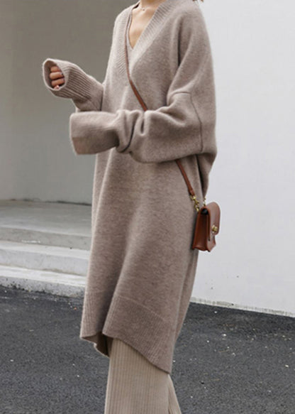Khaki V Neck Oversized Knit Sweater Dress Spring Tf003