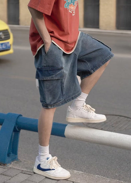 Light Blue Pockets Elastic Waist Shorts Summer Yl014