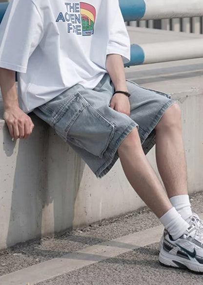 Light Blue Pockets Elastic Waist Shorts Summer Yl014