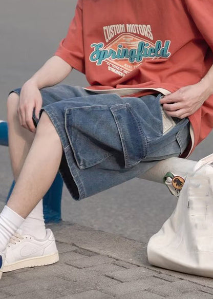Light Blue Pockets Elastic Waist Shorts Summer Yl014