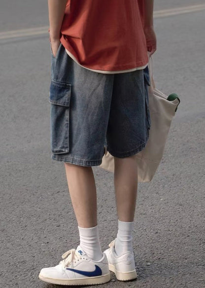 Light Blue Pockets Elastic Waist Shorts Summer Yl014