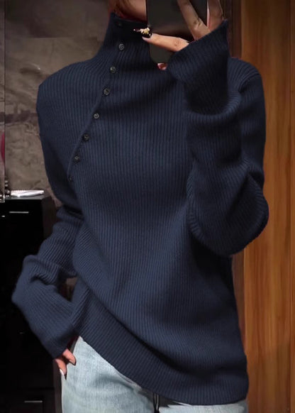 Navy High Neck Knit Sweater Tops Spring Tn010