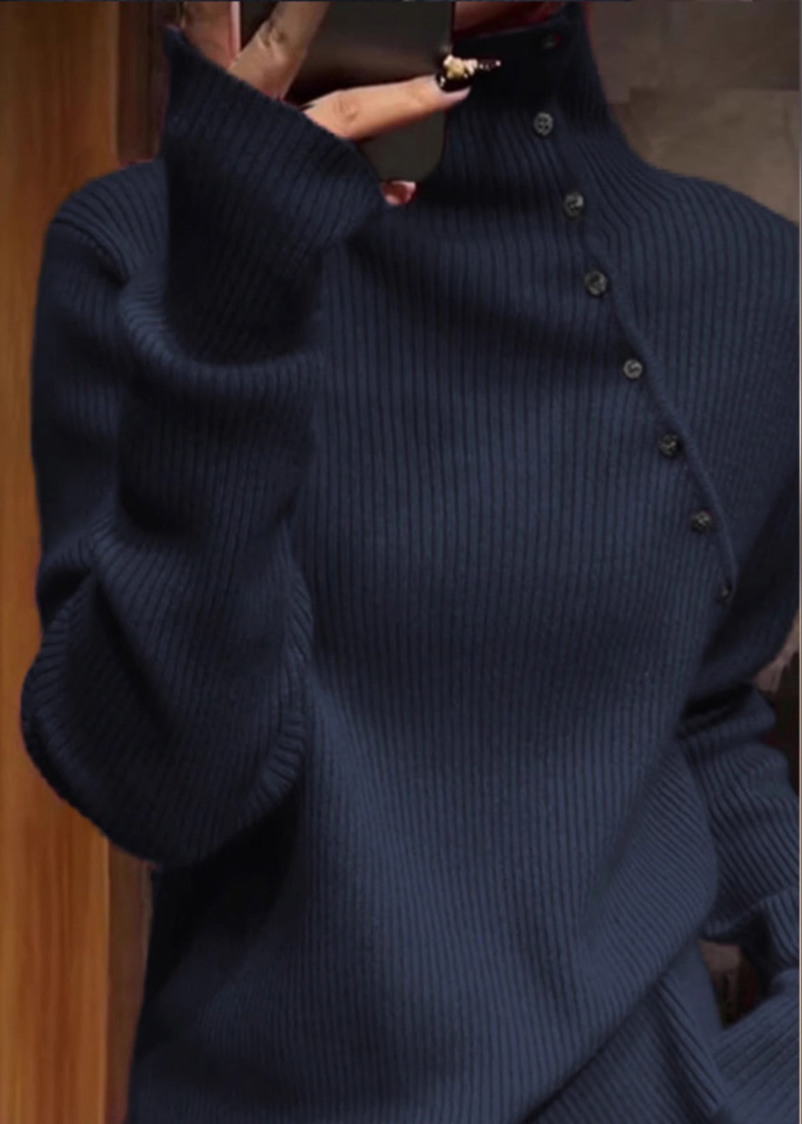 Navy High Neck Knit Sweater Tops Spring Tn010