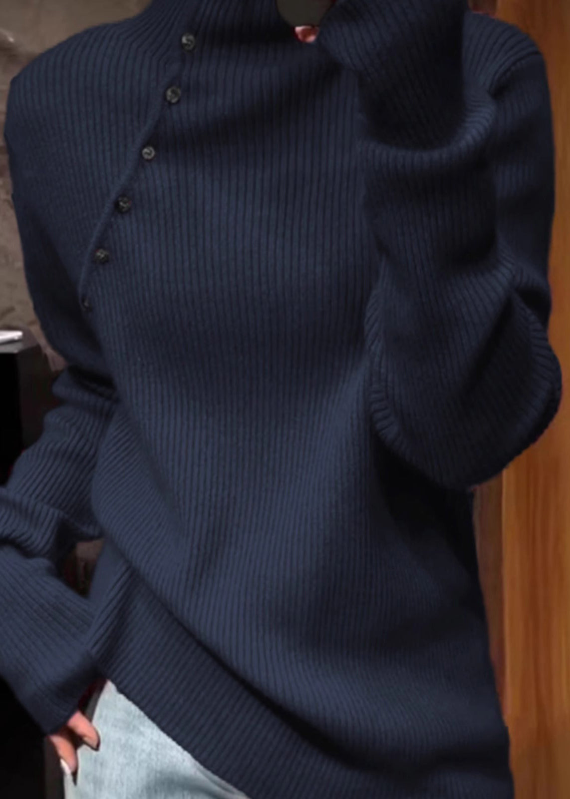 Navy High Neck Knit Sweater Tops Spring Tn010