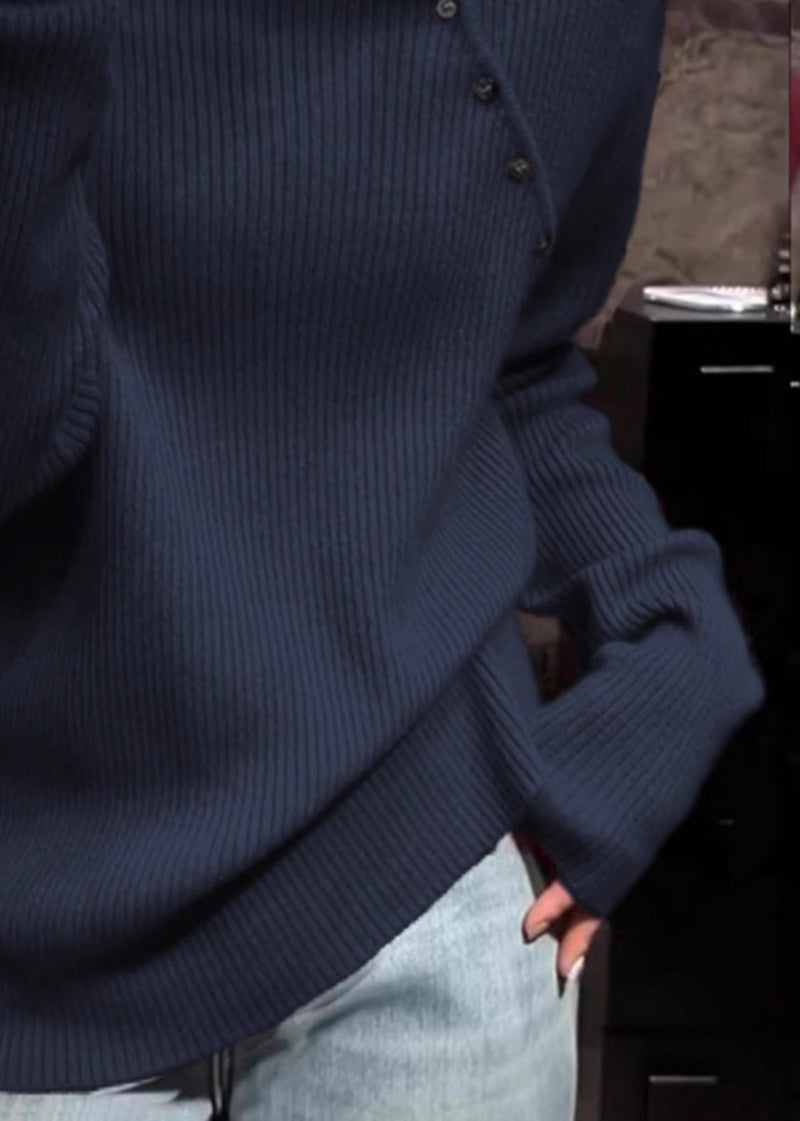 Navy High Neck Knit Sweater Tops Spring Tn010