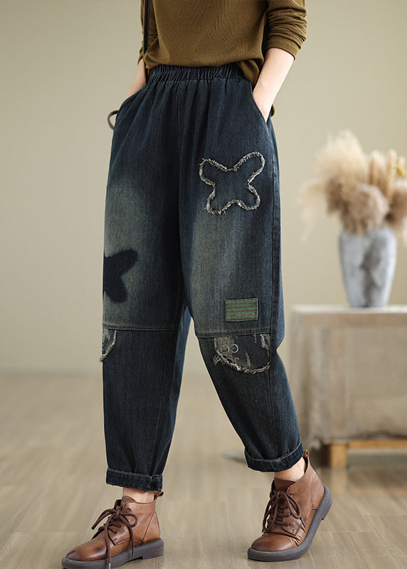 Navy Pockets Elastic Waist Denim Pants Fall Qo040