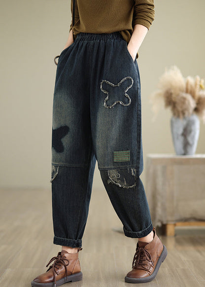 Navy Pockets Elastic Waist Denim Pants Fall Qo040