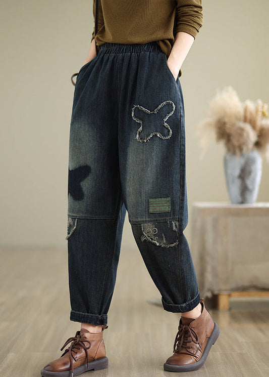 Navy Pockets Elastic Waist Denim Pants Fall Qo040