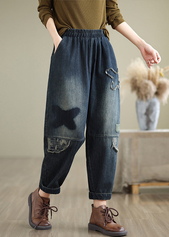 Navy Pockets Elastic Waist Denim Pants Fall Qo040