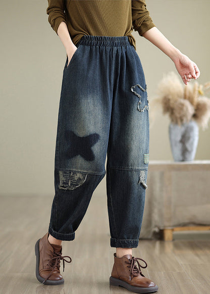 Navy Pockets Elastic Waist Denim Pants Fall Qo040