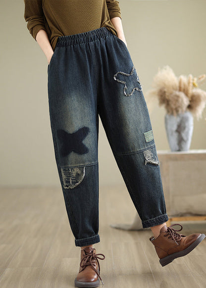 Navy Pockets Elastic Waist Denim Pants Fall Qo040