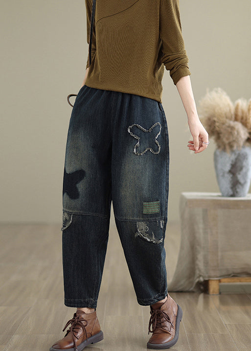 Navy Pockets Elastic Waist Denim Pants Fall Qo040