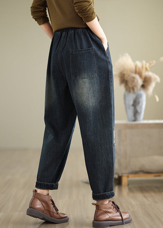 Navy Pockets Elastic Waist Denim Pants Fall Qo040