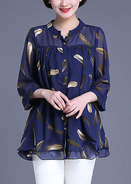 Navy Print Wrinkled Patchwork Chiffon Blouse Tops Summer Tq1007