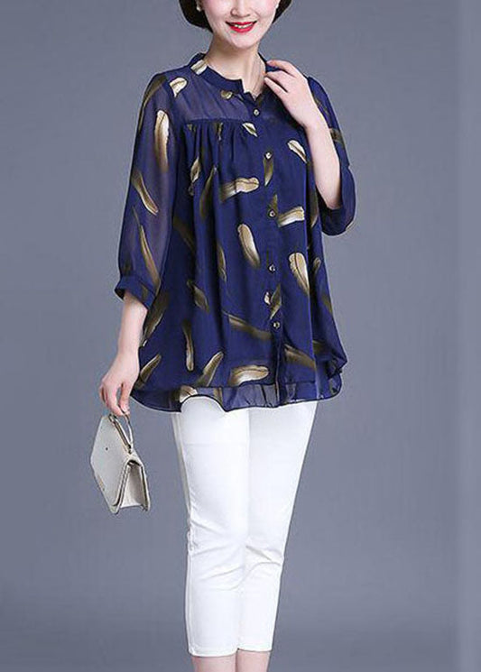 Navy Print Wrinkled Patchwork Chiffon Blouse Tops Summer Tq1007
