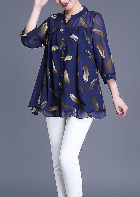Navy Print Wrinkled Patchwork Chiffon Blouse Tops Summer Tq1007