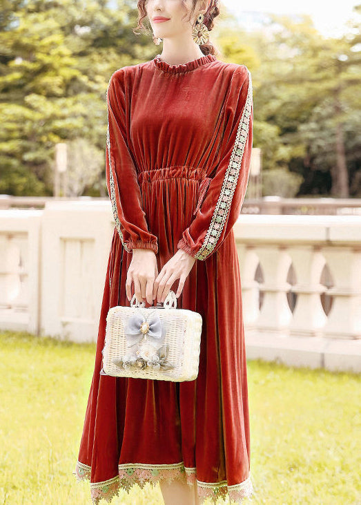Orange Cinched Patchwork Lace Silk Velour Long Dress Ac3049