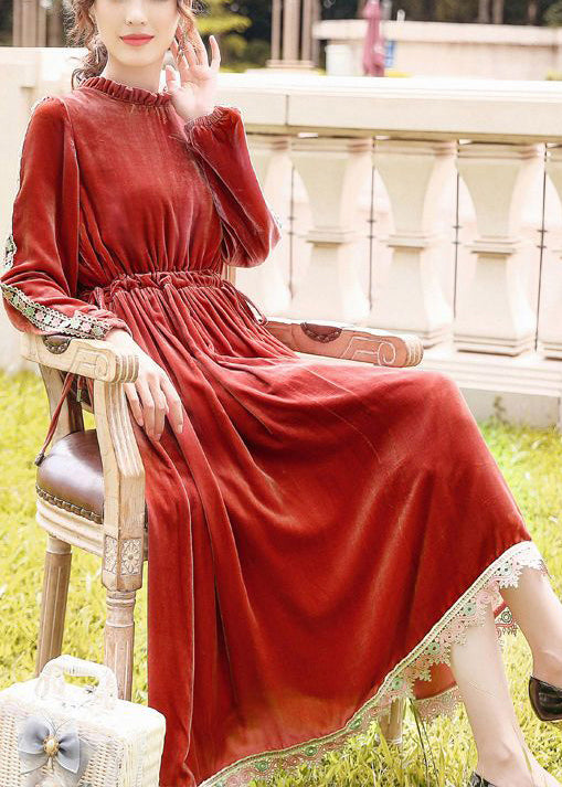 Orange Cinched Patchwork Lace Silk Velour Long Dress Ac3049