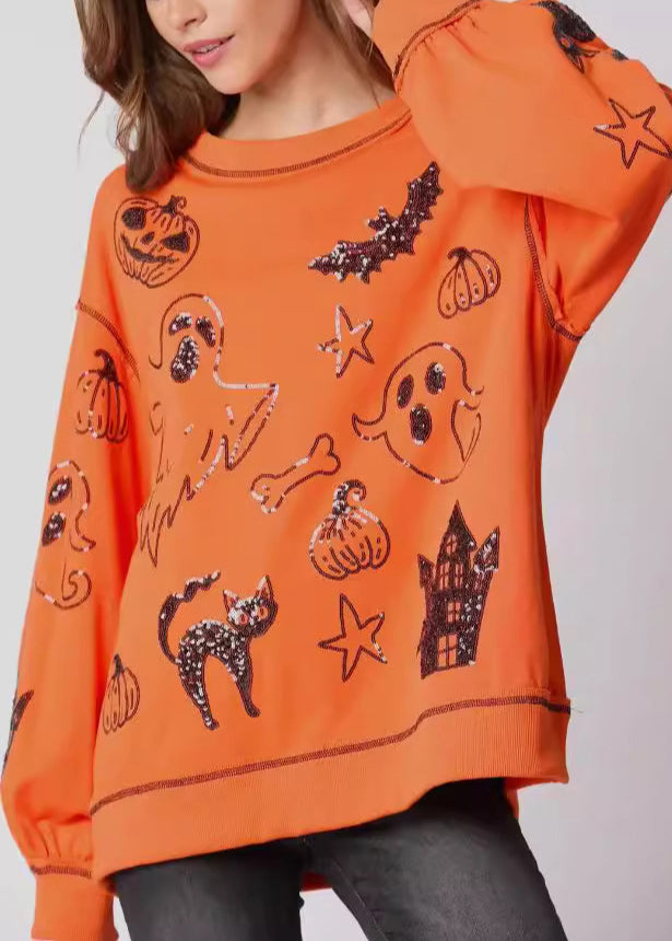 Orange O Neck Sequins Cotton Sweatshirts Fall Ae1040