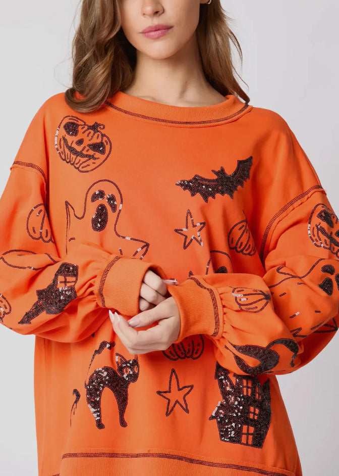 Orange O Neck Sequins Cotton Sweatshirts Fall Ae1040