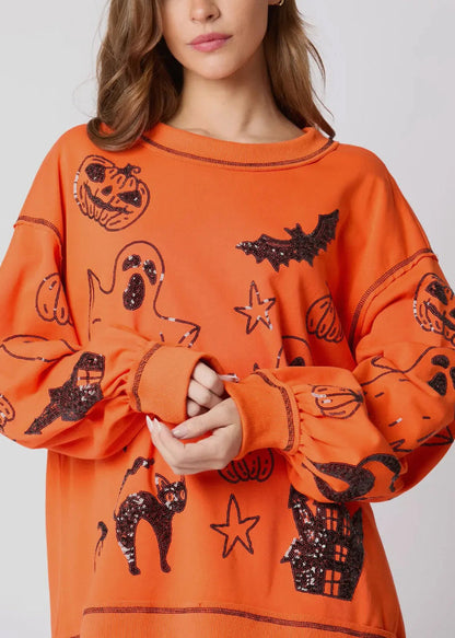 Orange O Neck Sequins Cotton Sweatshirts Fall Ae1040