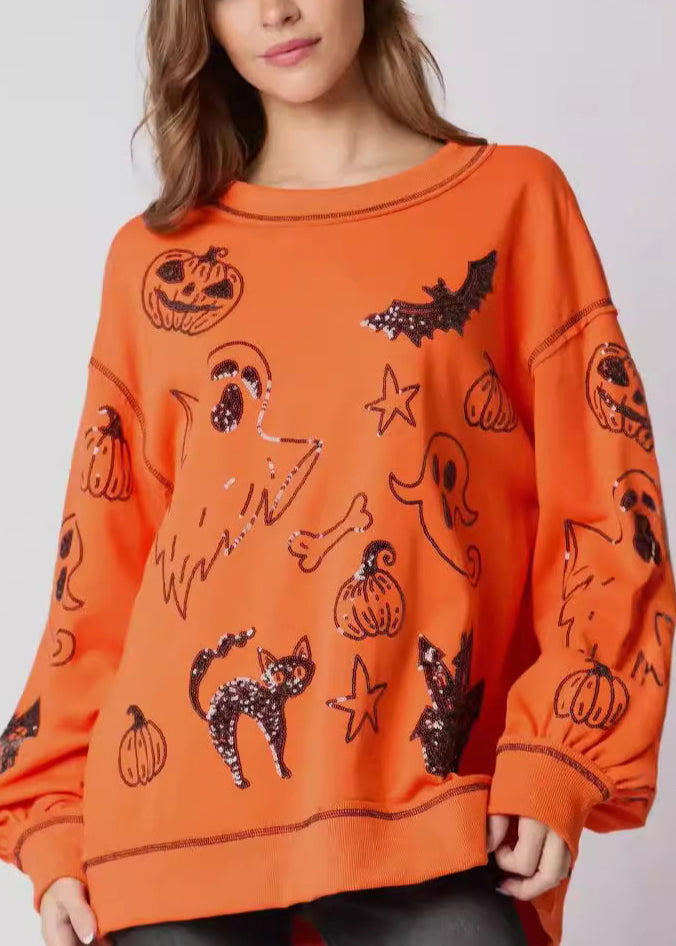 Orange O Neck Sequins Cotton Sweatshirts Fall Ae1040