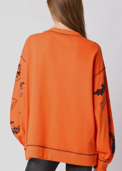 Orange O Neck Sequins Cotton Sweatshirts Fall Ae1040