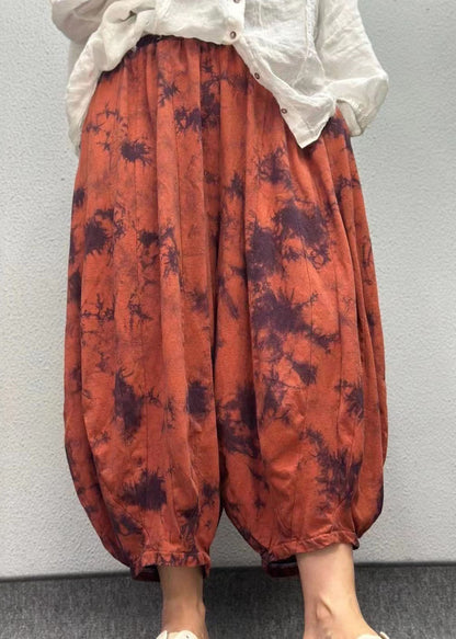 Orange Pockets Print Elastic Waist Linen Lantern Pants Summer Ap003