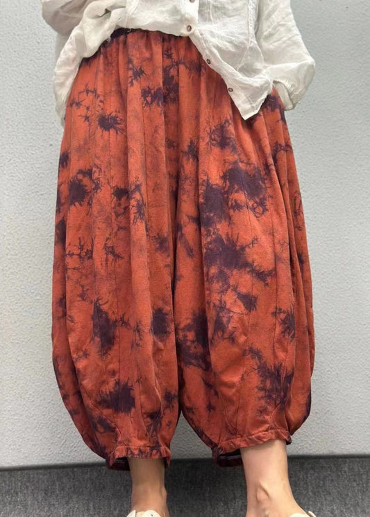 Orange Pockets Print Elastic Waist Linen Lantern Pants Summer Ap003