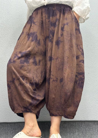 Orange Pockets Print Elastic Waist Linen Lantern Pants Summer Ap003